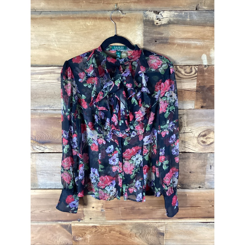 Vtg LAUREN RALPH LAUREN Black Sheer Floral Ruffle  Button Up Cuff Blouse Sz Med